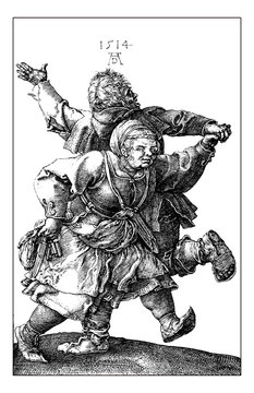 A.D. 1514:  peasant couple dancing, by Albrecht Dürer