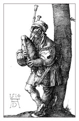 A.D. 1514: medieval pipes player, by Albrecht Dürer, engraving - obrazy, fototapety, plakaty