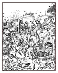 XV century: aggression and plundering of a village, medieval engraving