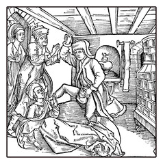 XV century  marital argument, medieval illustration