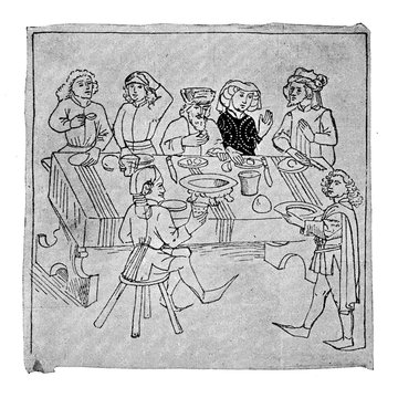 Medieval image of happy middle-class people drinking and eating together