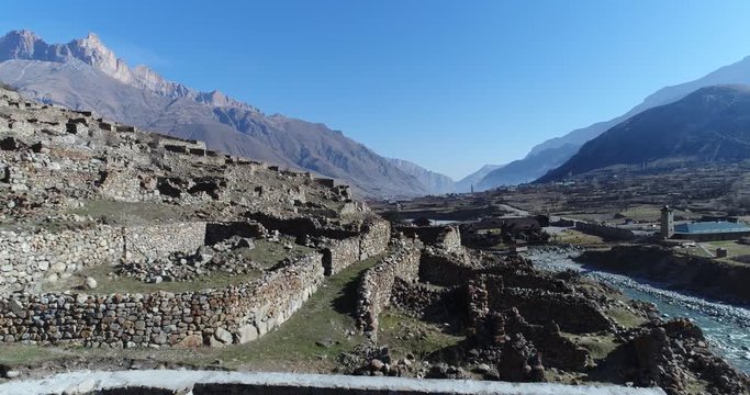 Aerial view of ancient stone city in mountains