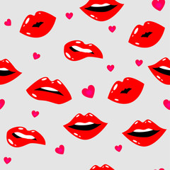 Female lips. Mouth with a kiss, smile, tongue, teeth, hearts on background. Vector comic seamless pattern in pop art retro style. Abstract seamless pattern for girls, boys, clothes.