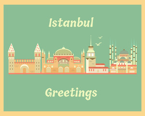 Vintage greeting card with Istanbul landmarks