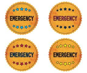 EMERGENCY text, on round wavy border vintage, stamp badge.