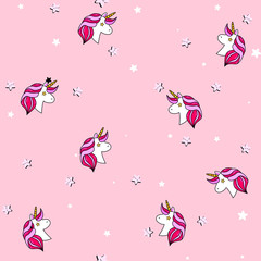 Seamless pattern with unicorn, Pegasus, pony head and stars.Cute, lovely magic background.Fantasy wallpaper. Vector illustration.Vector comic print in pop retro artstyle. Abstract background for girls