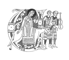 medieval image,joung woman traveling with minstrels,