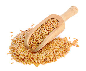Golden flax seeds in a scoop for spices close up isolated on a white background