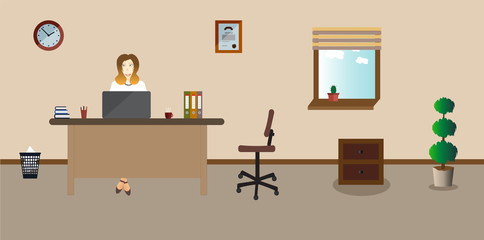Businesswoman on the working place in the office on the light pink background. Vector illustration. Table, clock, shoes, chair. plant. cactus. Perfect for advertising, brand sites and magazines