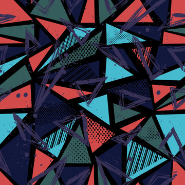 Abstract seamless pattern for girls, boys, clothes. Creative vector background with dots, geometric figures,stripes inscriptions.Funny wallpaper for textile and fabric. Fashion style. Colorful bright.