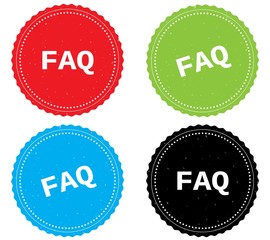 FAQ text, on round wavy border stamp badge.