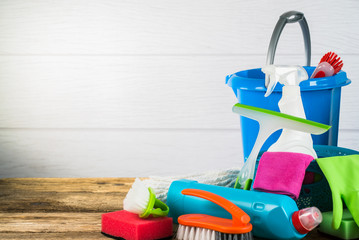 Spring Cleaning concept. Various of cleaning Products