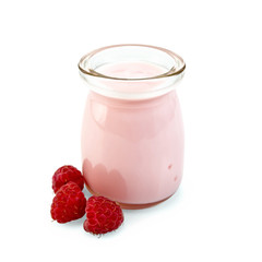 Milkshake with raspberries in glass jar