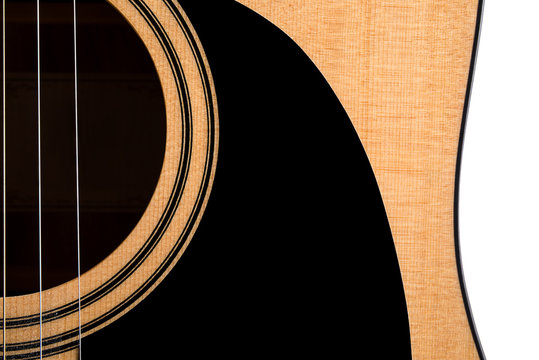 Part of an acoustic guitar, deck, on a white isolated background. Horizontal frame