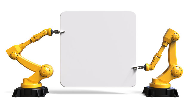 Industrie Roboter mit Schild, isoliert, weißer Hintergrund