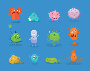 Set of funny cartoon bacteria, in different positions, shapes, kinds.