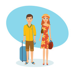 Couple with full luggage travels, spends holidays, and enjoys relaxing.