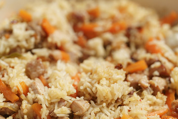 pilaf with pork closeup background photo, shallow focus