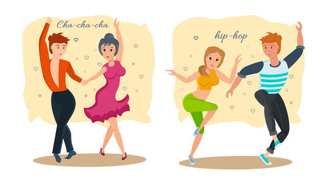 Couples dance modern types of dances: rhythmic cha-cha-cha and hip-hop.