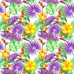 Fototapeta na wymiar Tropical leaves, exotic flowers. Seamless jungle pattern. Watercolor