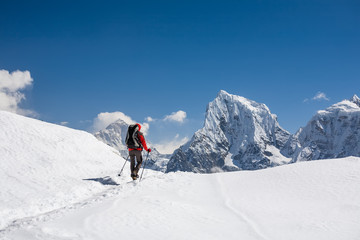 Fototapeta na wymiar Trekker is walking by Renjo La pass in Everest region