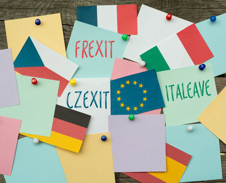 Stickers and flags of the countries of the European Union. Frexit, italeave, nexit 