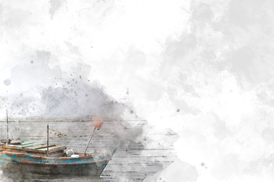 Long boat fishing in sea, Fishing boat on watercolor paining background. Thailand