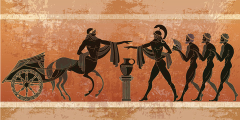 Ancient Greece scene. Black figure pottery. Ancient Greek mythology. Gods of an Olympus. Classical Ancient Greek style