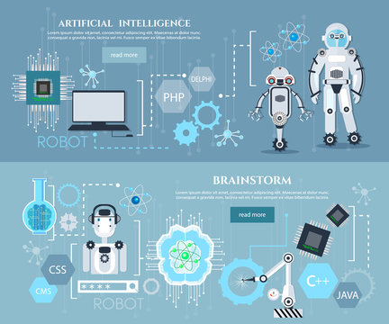 Artificial intelligence infographics creation of robots modern technologies microchips development future technologies vector