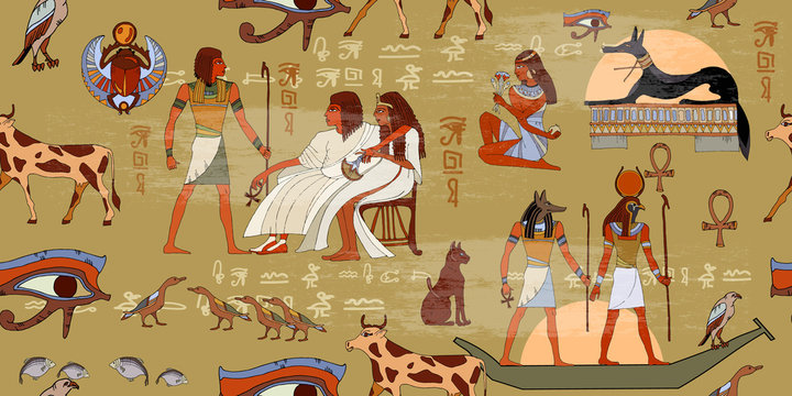 Egyptian gods and pharaohs seamless pattern. Ancient Egypt seamless pattern. Hieroglyphic carvings on the exterior walls of an ancient egyptian pattern. Murals ancient Egypt
