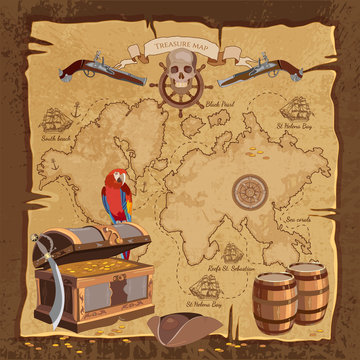 Old pirate treasure map. Treasure chest parrot skull rum saber pirate hat and ship. Adventure stories background vector