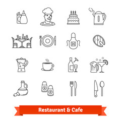 Restaurant and Cafe thin line art icons set