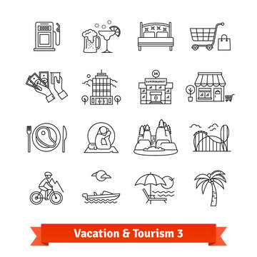 Tourism and vacation recovery. Thin line icons set