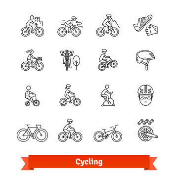 Bicycle riders thin line art icons set