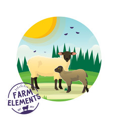 Vector farm cartoon sheep illustration. Farmer lamb icon on the background of sunny landscape