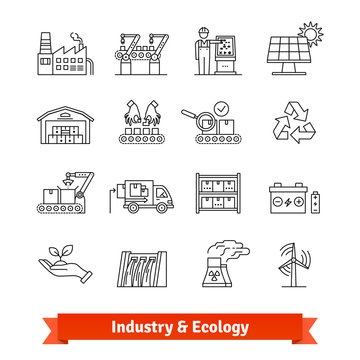 Industry and Ecology thin line art icons set