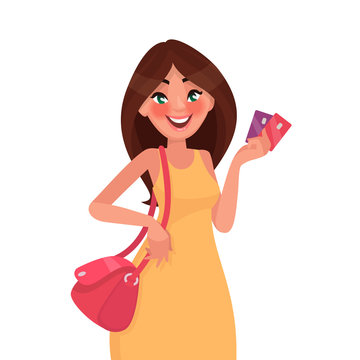 Beautiful Woman Holding A Credit Card In Her Hand. Shopping. Vector Illustration In Cartoon Style