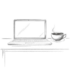 Hand drawn laptop with coffee sketch