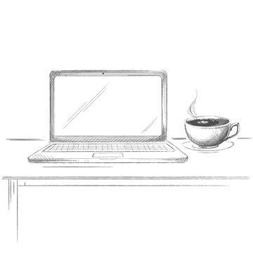 Hand drawn laptop with coffee sketch