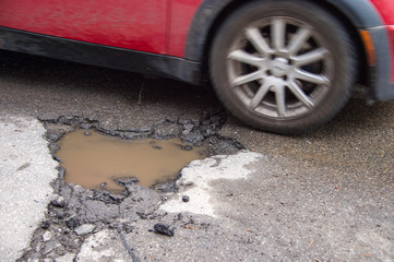 Large pothole in Montreal, Canada.