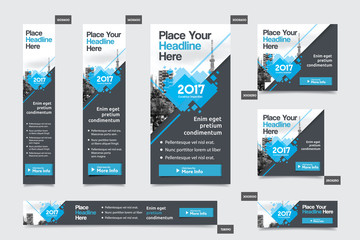 Blue Color Scheme with City Background Corporate Web Banner Template in multiple sizes. Easy to adapt to Brochure, Annual Report, Magazine, Poster, Corporate Advertising media, Flyer, Website.