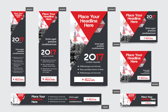 Red Color Scheme with City Background Corporate Web Banner Template in multiple sizes. Easy to adapt to Brochure, Annual Report, Magazine, Poster, Corporate Advertising media, Flyer, Website.