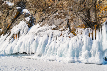 Icicles on the rocks of Oltrex Island in Lake Baikal