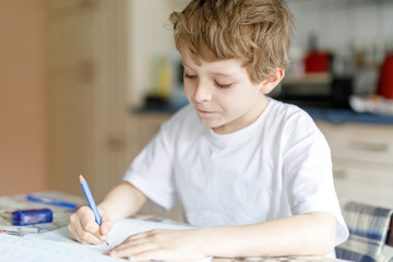 Naklejka na ściany i meble Happy school kid boy at home making homework