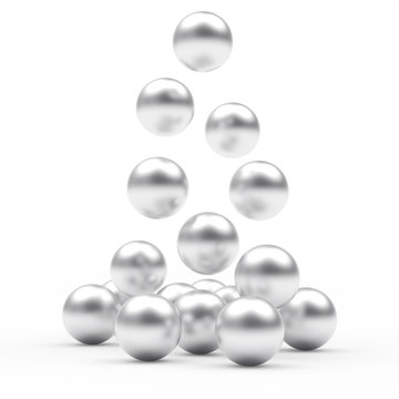 Pile of falling silver spheres isolated on white. 3D illustration  