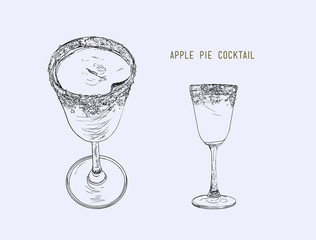 Apple pie cocktail Hand drawn sketch line art , illustraion vector.