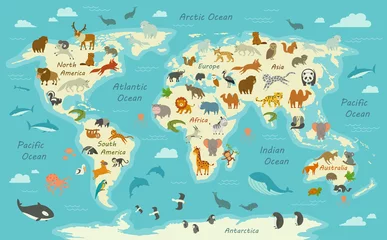 Peel and stick wall murals World map Vector Illustration of a World Map with Animals