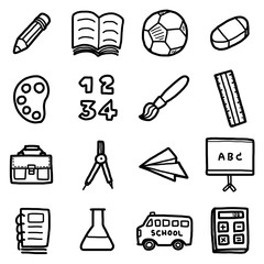 Fototapeta premium children, school objects, icons set / cartoon vector and illustration, hand drawn style, black and white, isolated on white background.
