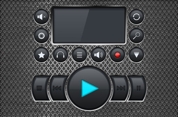 Music player control panel interface on metal perforated background