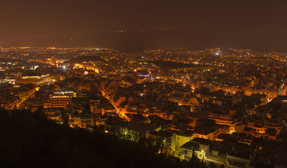 Panorama of night city of Athens in Greece, top view